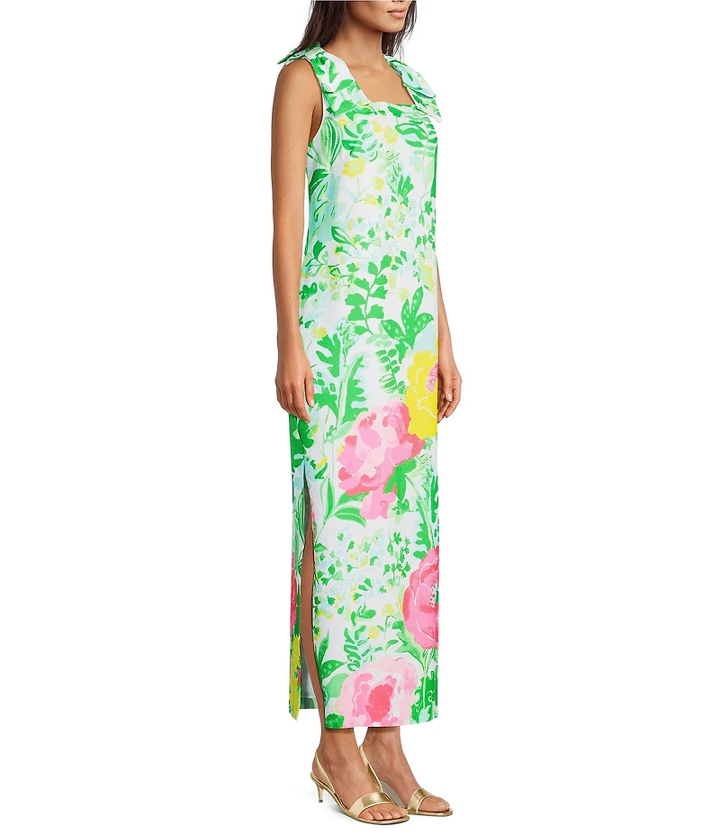 Lilly Pulitzer Bernice Satin Back Crepe Poppy Party Print Square Neck Sleeveless Bow Shoulder Midi Dress