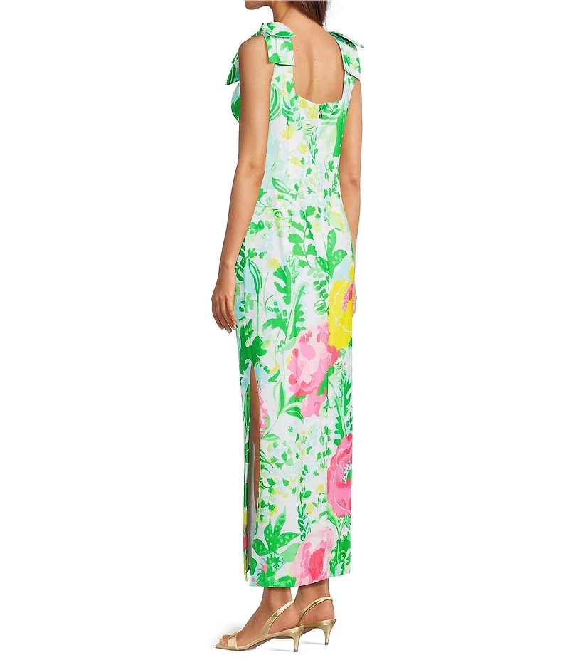 Lilly Pulitzer Bernice Satin Back Crepe Poppy Party Print Square Neck Sleeveless Bow Shoulder Midi Dress