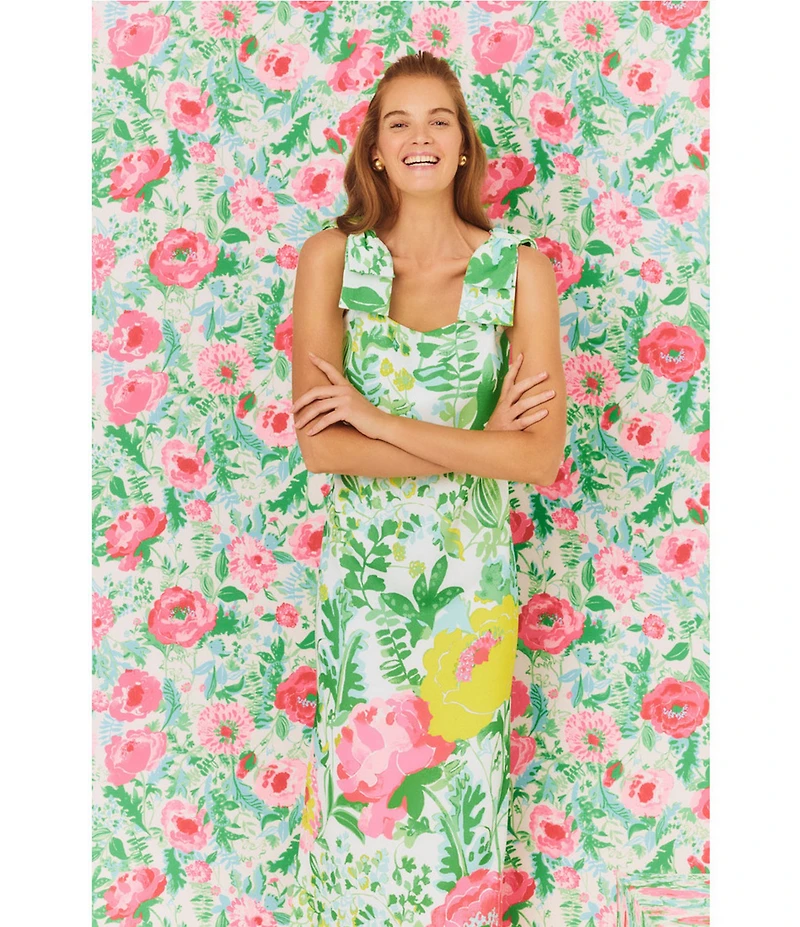 Lilly Pulitzer Bernice Satin Back Crepe Poppy Party Print Square Neck Sleeveless Bow Shoulder Midi Dress