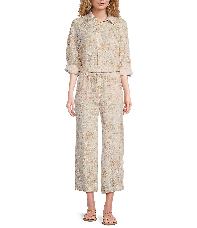 Lilly Pulitzer Brawley Linen Sand Bar Palm Beach Print Relaxed-Leg Cropped Drawstring Coordinating Pull-On Pants