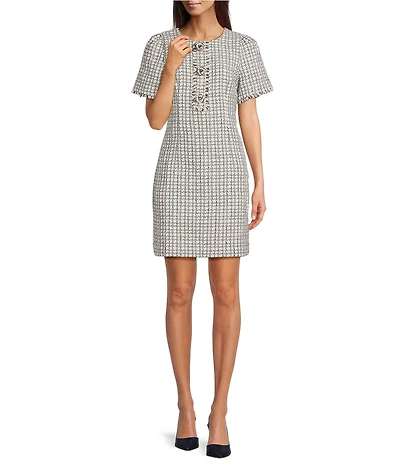 Lilly Pulitzer Brenda Houndstooth Boucle Crew Neck Short Sleeve Mini Dress
