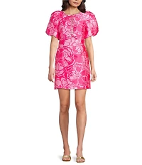 Lilly Pulitzer Britnee Floral Jacquard Beaded Crew Neck Short Puff Sleeve Shift Dress