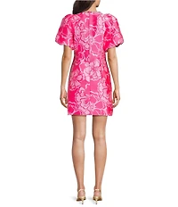 Lilly Pulitzer Britnee Floral Jacquard Beaded Crew Neck Short Puff Sleeve Shift Dress