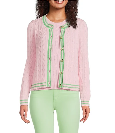 Lilly Pulitzer Brockton Cable Knit Crew Neck Long Sleeve Stripe Trim Cardigan