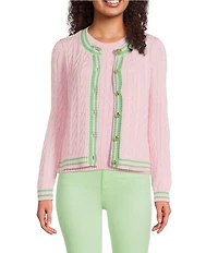 Lilly Pulitzer Brockton Cable Knit Crew Neck Long Sleeve Stripe Trim Cardigan