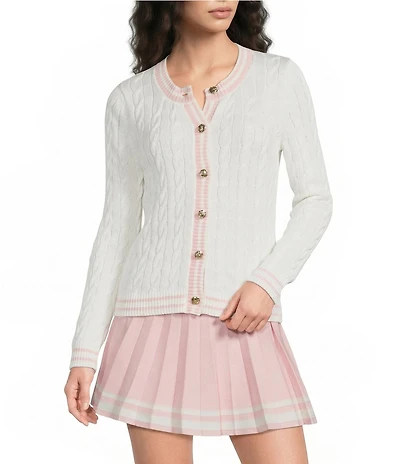 Lilly Pulitzer Brockton Cable Knit Crew Neck Long Sleeve Stripe Trim Cardigan