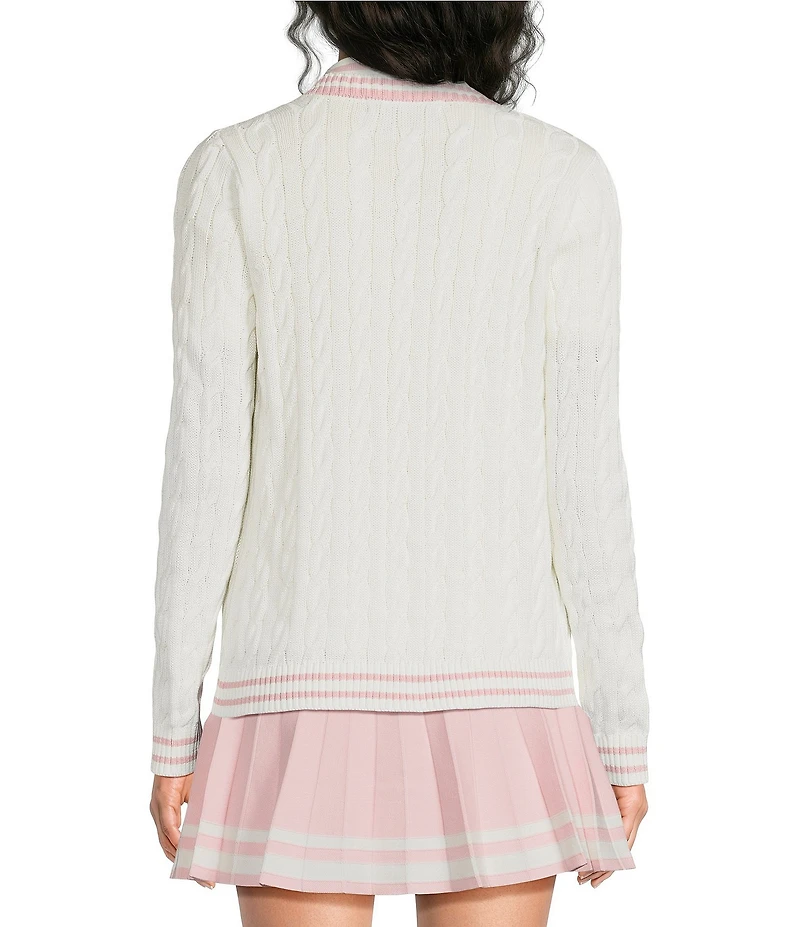Lilly Pulitzer Brockton Cable Knit Crew Neck Long Sleeve Stripe Trim Cardigan