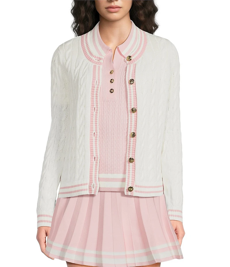 Lilly Pulitzer Brockton Cable Knit Crew Neck Long Sleeve Stripe Trim Cardigan