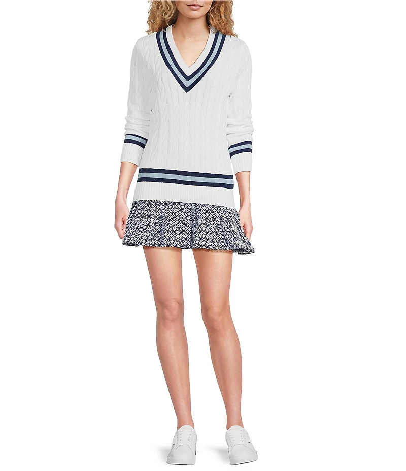 Lilly Pulitzer Brockton Cable Knit V-Neck Long Sleeve Stripe Detail Sweater