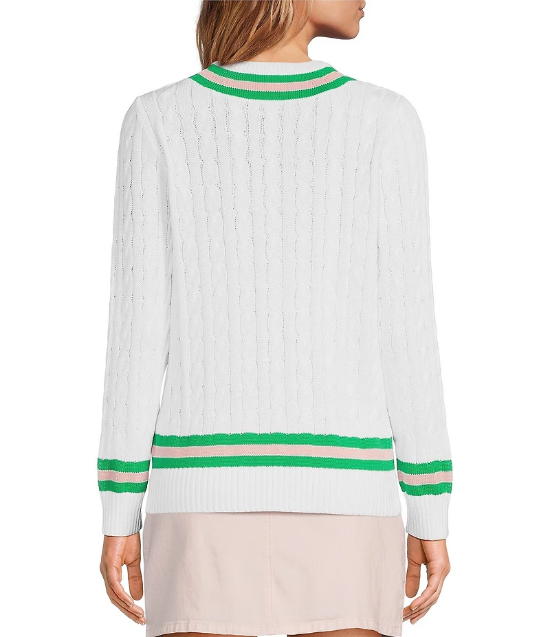 Lilly Pulitzer Brockton Cable Knit V-Neck Long Sleeve Stripe Detail Sweater