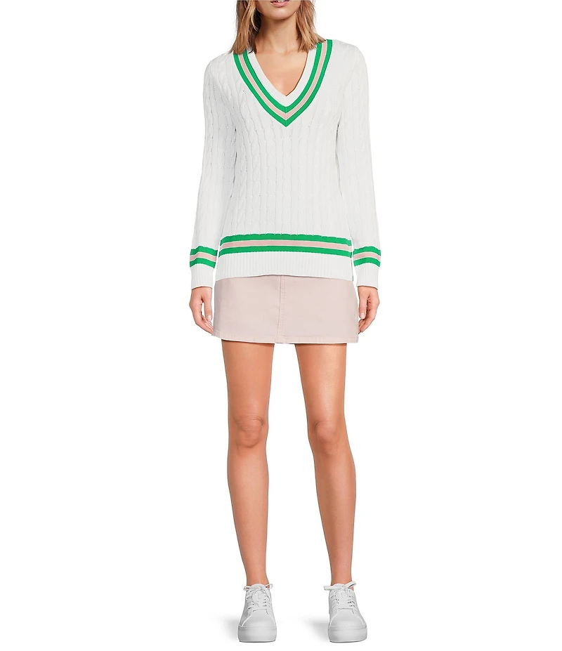 Lilly Pulitzer Brockton Cable Knit V-Neck Long Sleeve Stripe Detail Sweater