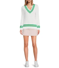 Lilly Pulitzer Brockton Cable Knit V-Neck Long Sleeve Stripe Detail Sweater