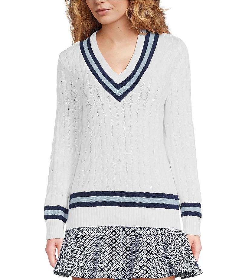 Lilly Pulitzer Brockton Cable Knit V-Neck Long Sleeve Stripe Detail Sweater