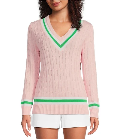 Lilly Pulitzer Brockton Cable Knit V-Neck Long Sleeve Stripe Detail Sweater