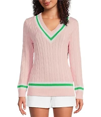Lilly Pulitzer Brockton Cable Knit V-Neck Long Sleeve Stripe Detail Sweater