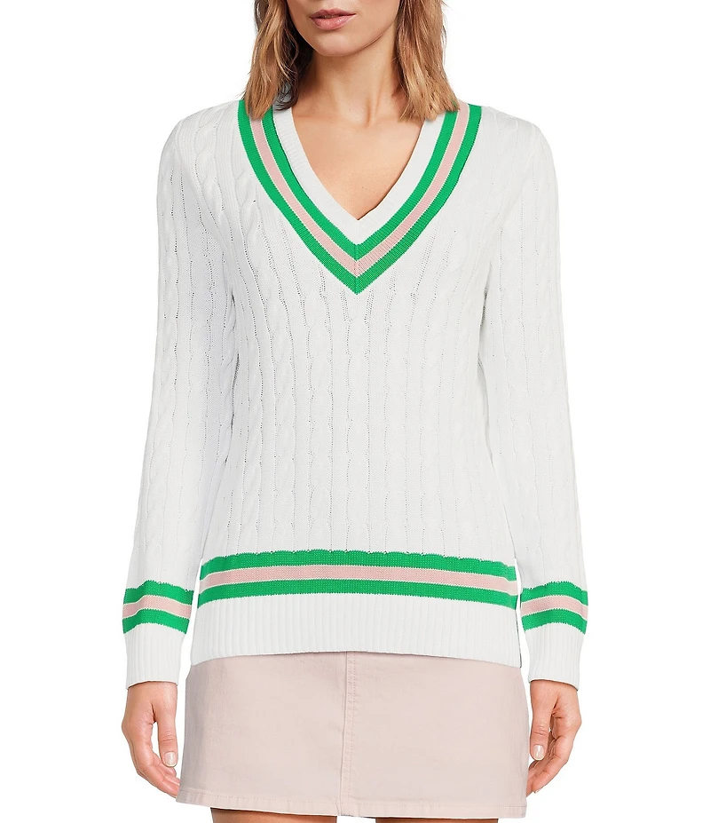 Lilly Pulitzer Brockton Cable Knit V-Neck Long Sleeve Stripe Detail Sweater