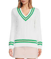 Lilly Pulitzer Brockton Cable Knit V-Neck Long Sleeve Stripe Detail Sweater