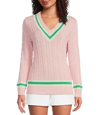 Lilly Pulitzer Brockton Cable Knit V-Neck Long Sleeve Stripe Detail Sweater