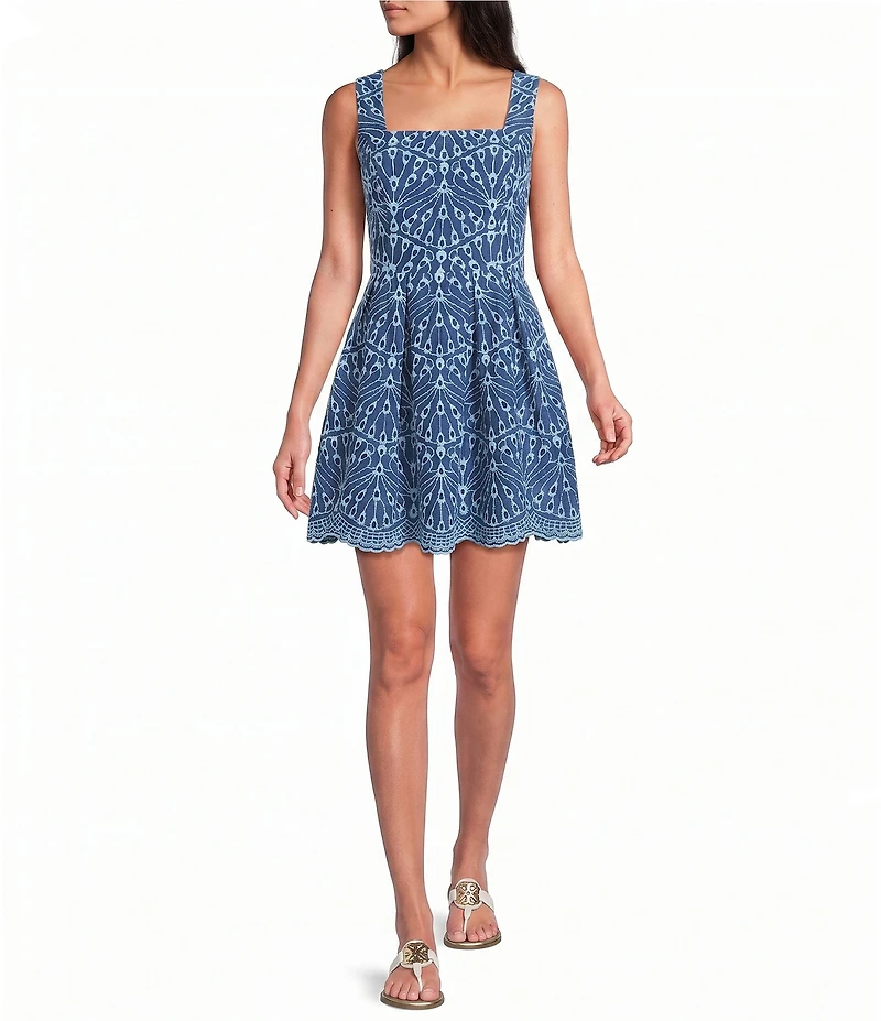 Lilly Pulitzer Cindy Queen Scalloped Eyelet Square Neck Sleeveless Skirted Romper