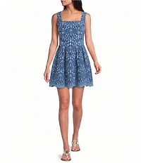 Lilly Pulitzer Cindy Queen Scalloped Eyelet Square Neck Sleeveless Skirted Romper