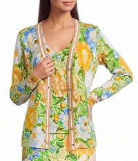 Lilly Pulitzer Cotton-Blend Floral Open V-Neck Long Sleeve Striped Trim Button-Front Cardigan