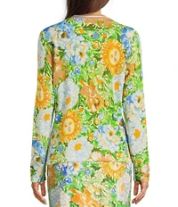 Lilly Pulitzer Cotton-Blend Floral Open V-Neck Long Sleeve Striped Trim Button-Front Cardigan