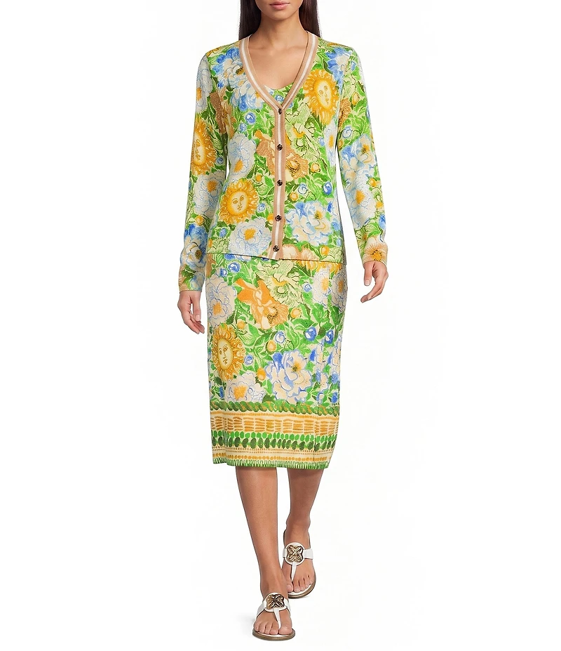 Lilly Pulitzer Cotton-Blend Floral Open V-Neck Long Sleeve Striped Trim Button-Front Cardigan