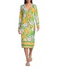 Lilly Pulitzer Cotton-Blend Floral Open V-Neck Long Sleeve Striped Trim Button-Front Cardigan