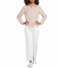 Lilly Pulitzer Cotton Poplin Notch Collar Long Sleeve Button Tie-Front Shirt