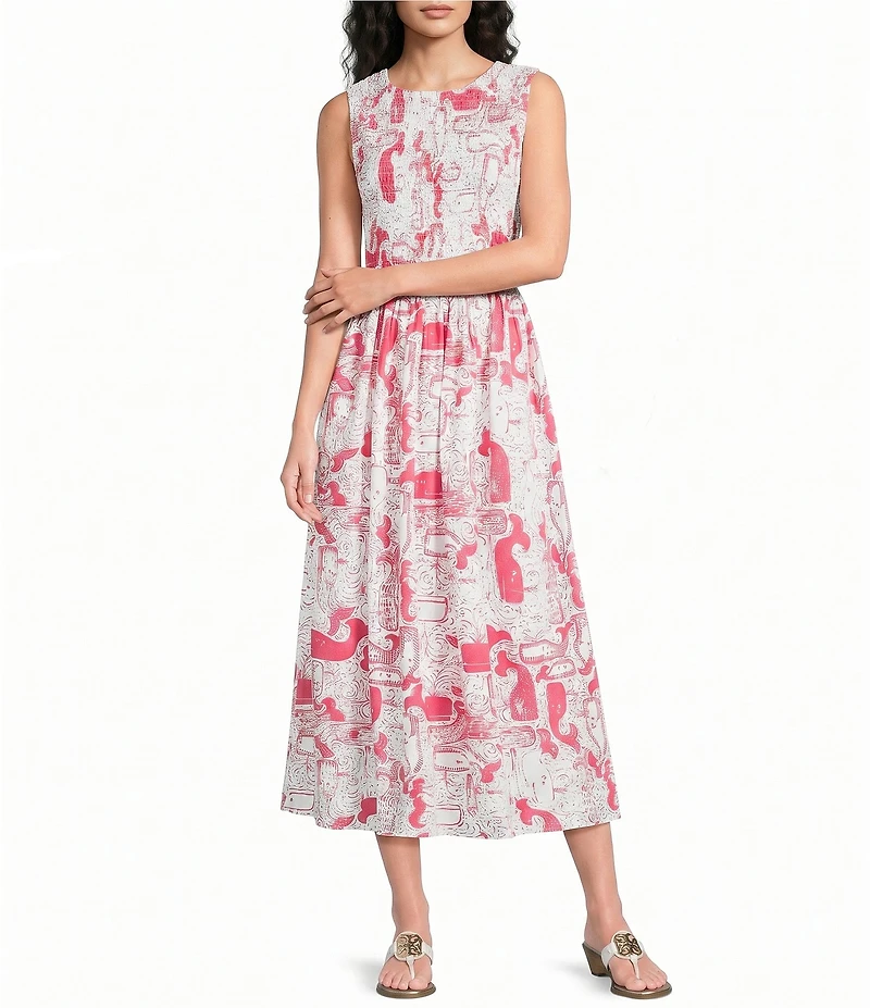 Lilly Pulitzer Daisy Soft Sheen Poplin Thar She Blows Print Crew Neck Sleeveless Midi Dress