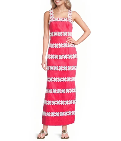 Lilly Pulitzer Davis Vintage Dobby Square Neck Sleeveless Lace Trim Maxi Dress