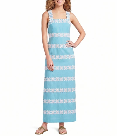 Lilly Pulitzer Davis Vintage Dobby Square Neck Sleeveless Lace Trim Maxi Dress