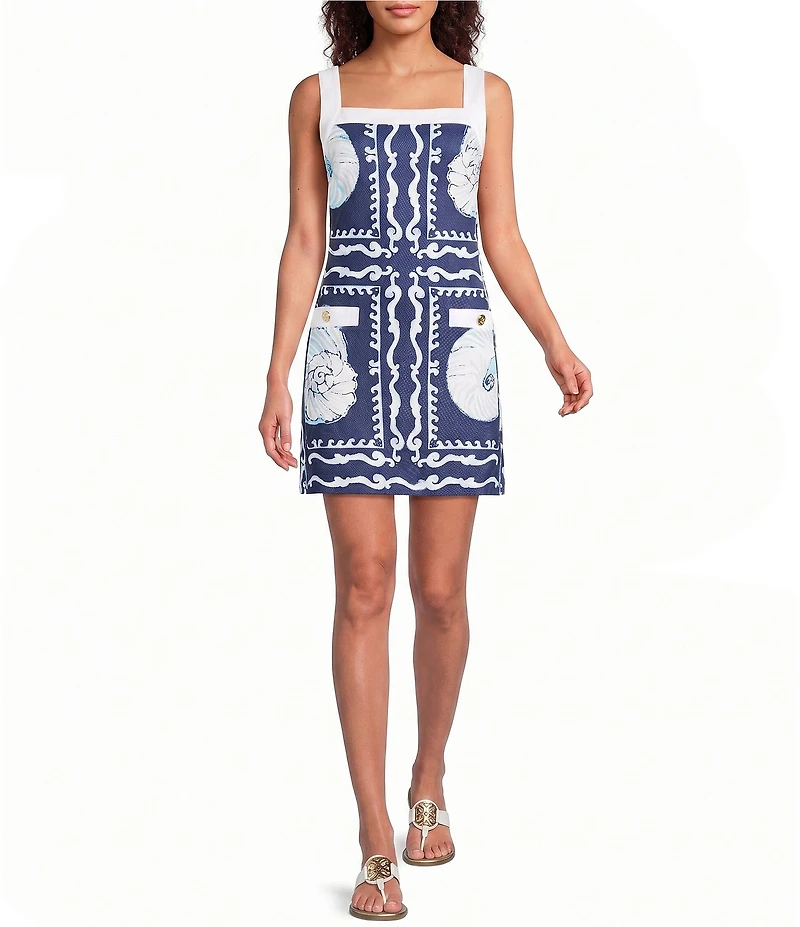 Lilly Pulitzer Duffy Pique Shell Shine Print Square Neck Sleeveless Shift Dress