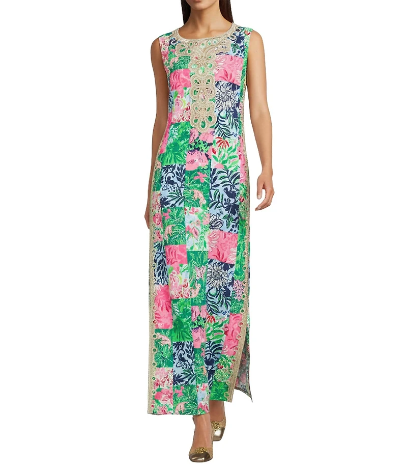 Lilly Pulitzer Edita Satin Back Crepe Party Punch Patch Floral Print Crew Neck Sleeveless Maxi Dress