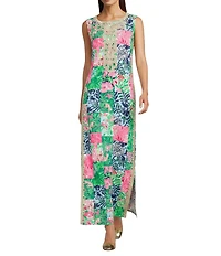 Lilly Pulitzer Edita Satin Back Crepe Party Punch Patch Floral Print Crew Neck Sleeveless Maxi Dress