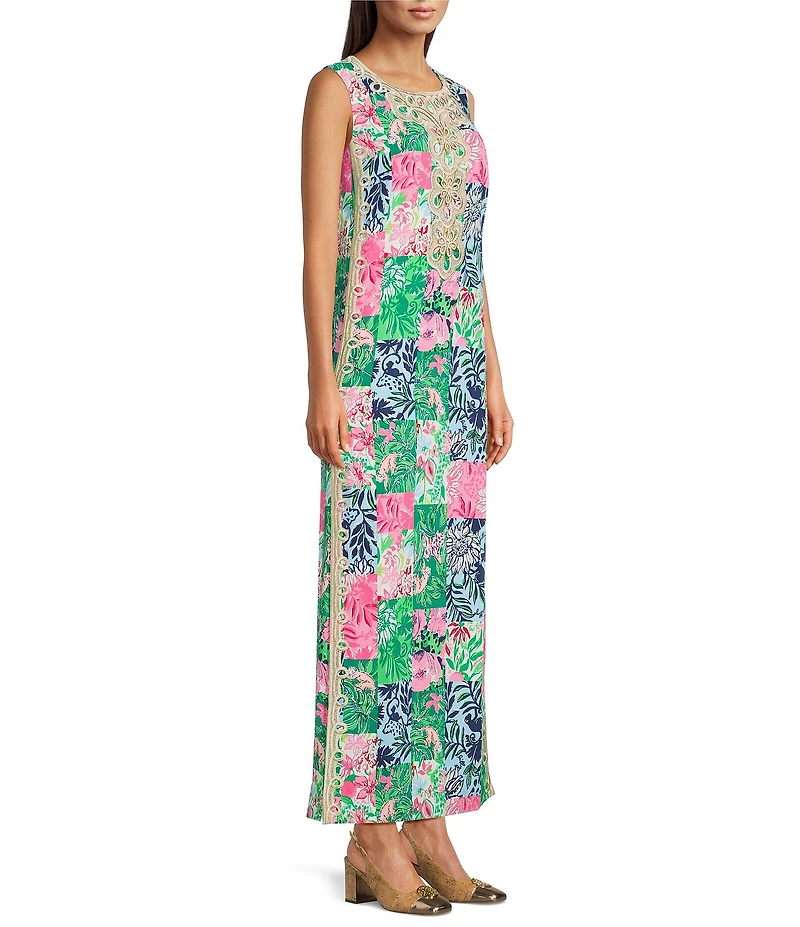 Lilly Pulitzer Edita Satin Back Crepe Party Punch Patch Floral Print Crew Neck Sleeveless Maxi Dress