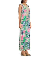 Lilly Pulitzer Edita Satin Back Crepe Party Punch Patch Floral Print Crew Neck Sleeveless Maxi Dress