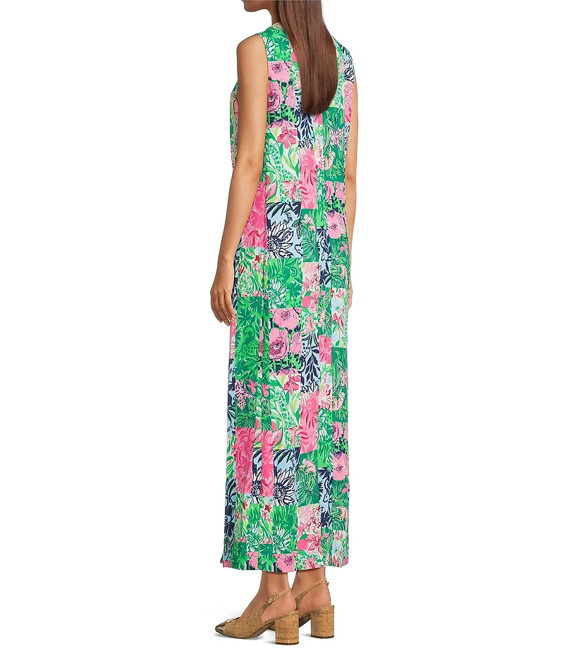 Lilly Pulitzer Edita Satin Back Crepe Party Punch Patch Floral Print Crew Neck Sleeveless Maxi Dress