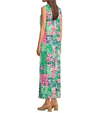 Lilly Pulitzer Edita Satin Back Crepe Party Punch Patch Floral Print Crew Neck Sleeveless Maxi Dress