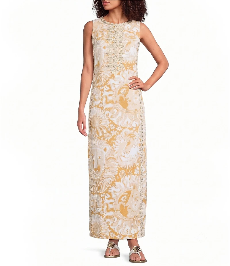 Lilly Pulitzer Edita Satin Crepe Scalloped Neck Sleeveless Lace Trim Maxi Shift Dress