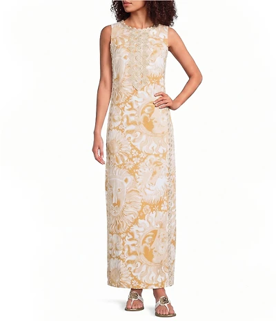 Lilly Pulitzer Edita Satin Crepe Scalloped Neck Sleeveless Lace Trim Maxi Shift Dress