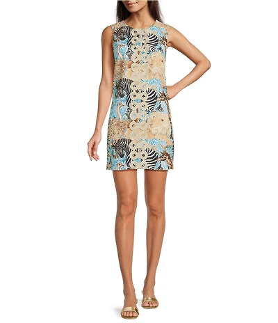Lilly Pulitzer Editia Lilys Zoo Print Satin Back Crepe Crew Neck Sleeveless Shift Mini Dress