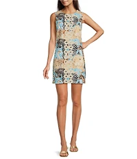 Lilly Pulitzer Editia Lilys Zoo Print Satin Back Crepe Crew Neck Sleeveless Shift Mini Dress