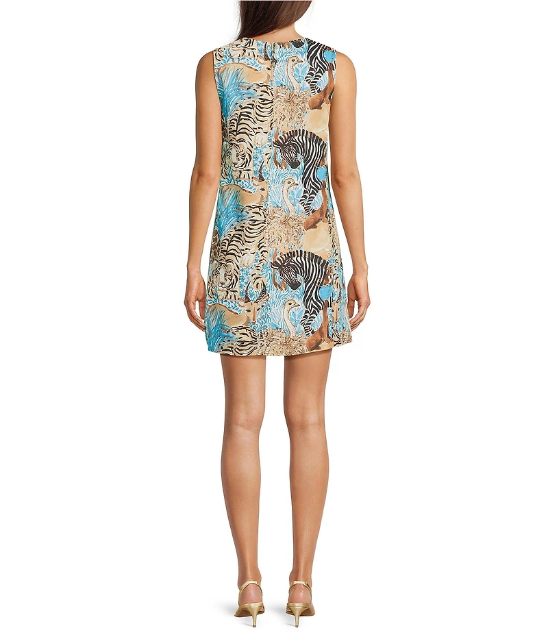 Lilly Pulitzer Editia Lilys Zoo Print Satin Back Crepe Crew Neck Sleeveless Shift Mini Dress