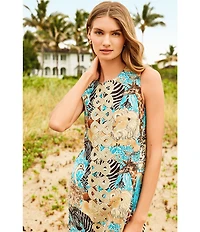 Lilly Pulitzer Editia Lilys Zoo Print Satin Back Crepe Crew Neck Sleeveless Shift Mini Dress