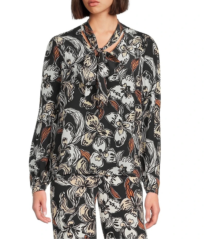 Lilly Pulitzer Elanor Coordinating Onyx Irresistible Printed Silk Tie V-Neck Long Sleeve Top