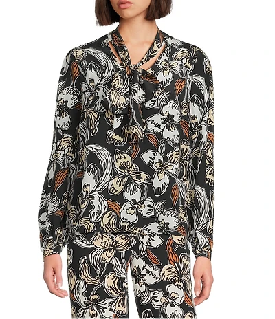 Lilly Pulitzer Elanor Coordinating Onyx Irresistible Printed Silk Tie V-Neck Long Sleeve Top