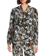 Lilly Pulitzer Elanor Coordinating Onyx Irresistible Printed Silk Tie V-Neck Long Sleeve Top