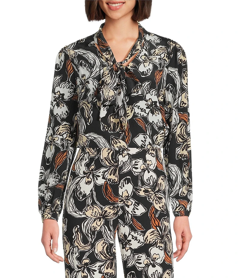 Lilly Pulitzer Elanor Coordinating Onyx Irresistible Printed Silk Tie V-Neck Long Sleeve Top