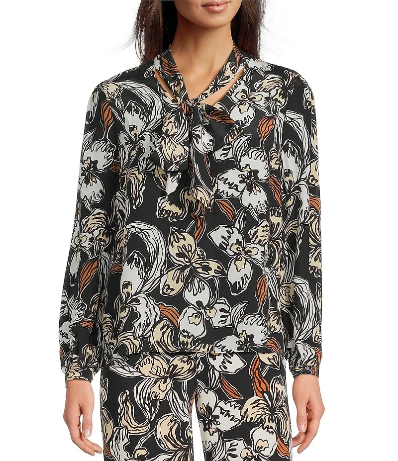 Lilly Pulitzer Elanor Coordinating Onyx Irresistible Printed Silk Tie V-Neck Long Sleeve Top